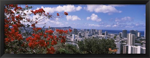 Framed Honolulu Skyline from a Distance (red flowers) Print