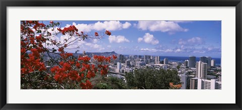 Framed Honolulu Skyline from a Distance (red flowers) Print