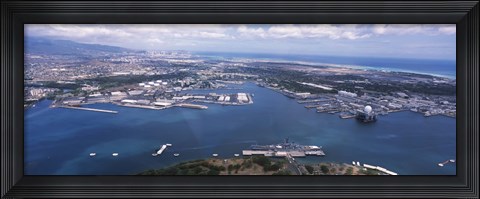 Framed Aerial view of a harbor, Pearl Harbor, Honolulu, Oahu, Hawaii, USA Print