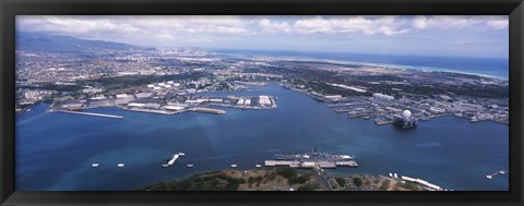 Framed Aerial view of a harbor, Pearl Harbor, Honolulu, Oahu, Hawaii, USA Print