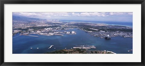 Framed Aerial view of a harbor, Pearl Harbor, Honolulu, Oahu, Hawaii, USA Print