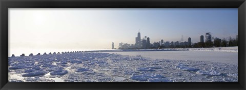 Framed Frozen lake with a city in the background, Lake Michigan, Chicago, Illinois Print