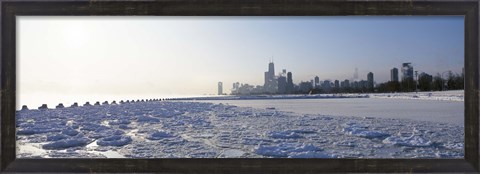 Framed Frozen lake with a city in the background, Lake Michigan, Chicago, Illinois Print