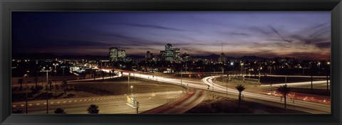 Framed Buildings in a city lit up at dusk, 7th St. Freeway, Phoenix, Maricopa County, Arizona, USA Print