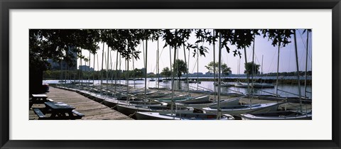 Framed Boats moored at a dock, Charles River, Boston, Suffolk County, Massachusetts, USA Print