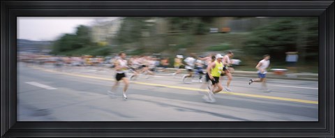 Framed Marathon runners on a road, Boston Marathon, Washington Street, Wellesley, Norfolk County, Massachusetts, USA Print