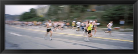 Framed Marathon runners on a road, Boston Marathon, Washington Street, Wellesley, Norfolk County, Massachusetts, USA Print