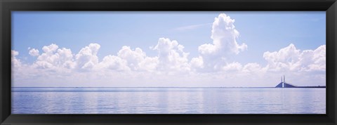 Framed Seascape with a suspension bridge in the background, Sunshine Skyway Bridge, Tampa Bay, Gulf of Mexico, Florida, USA Print