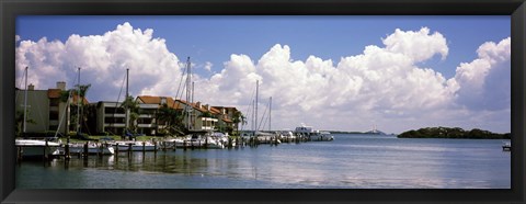 Framed Boats docked in a bay, Cabbage Key, Sunshine Skyway Bridge in Distance, Tampa Bay, Florida, USA Print