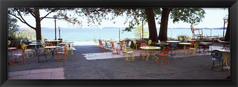 Framed Empty chairs with tables in a campus, University of Wisconsin, Madison, Dane County, Wisconsin, USA Print