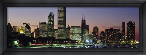 Framed Buildings lit up at dusk, Lake Michigan, Chicago, Cook County, Illinois, USA Print