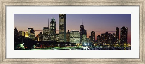 Framed Buildings lit up at dusk, Lake Michigan, Chicago, Cook County, Illinois, USA Print