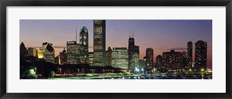 Framed Buildings lit up at dusk, Lake Michigan, Chicago, Cook County, Illinois, USA Print