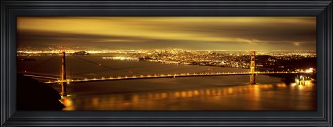 Framed Golden Gate Bridge and San Francisco Skyline Lit Up at Night Print