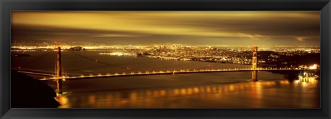 Framed Golden Gate Bridge and San Francisco Skyline Lit Up at Night Print