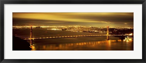 Framed Golden Gate Bridge and San Francisco Skyline Lit Up at Night Print