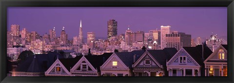 Framed Skyscrapers lit up at night in a city, San Francisco, California, USA Print