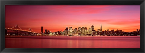 Framed Bay Bridge and San Francisco Skyline at Dusk (pink sky) Print