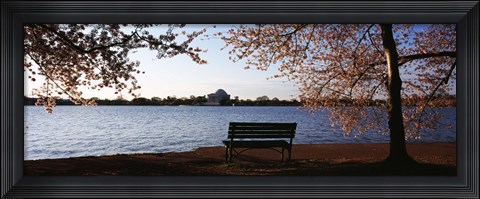 Framed Park bench with a memorial in the background, Jefferson Memorial, Tidal Basin, Potomac River, Washington DC, USA Print