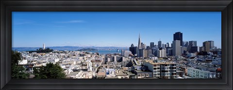 Framed High angle view of a city, Coit Tower, Telegraph Hill, Bay Bridge, San Francisco, California, USA Print