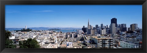 Framed High angle view of a city, Coit Tower, Telegraph Hill, Bay Bridge, San Francisco, California, USA Print