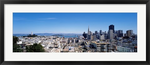 Framed High angle view of a city, Coit Tower, Telegraph Hill, Bay Bridge, San Francisco, California, USA Print