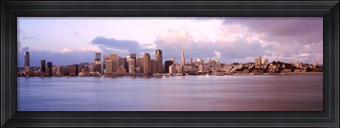 Framed San Francisco city skyline at sunrise viewed from Treasure Island side, San Francisco Bay, California, USA Print