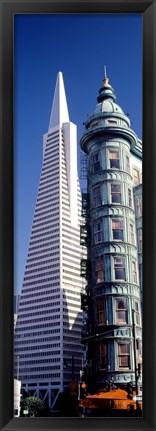 Framed Low angle view of towers, Columbus Tower, Transamerica Pyramid, San Francisco, California, USA Print