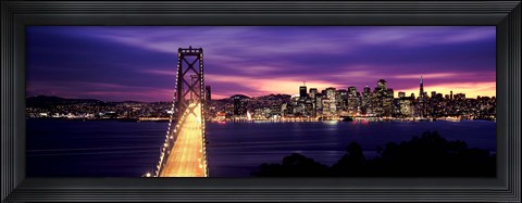 Framed Bridge lit up at dusk, Bay Bridge, San Francisco Bay, San Francisco, California Print