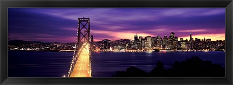 Framed Bridge lit up at dusk, Bay Bridge, San Francisco Bay, San Francisco, California Print