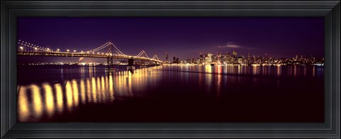 Framed Bridge lit up at night, Bay Bridge, San Francisco Bay, San Francisco, California Print