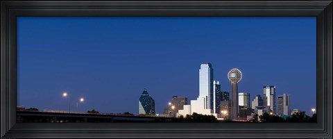 Framed Nighttime View of Dallas Skyline with Reunion Tower Print