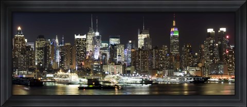 Framed Buildings in a city lit up at night, Hudson River, Midtown Manhattan, Manhattan, New York City, New York State, USA Print