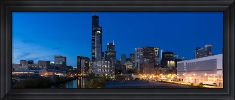 Framed Buildings in a city lit up at dusk, Chicago, Illinois, USA Print