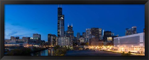 Framed Buildings in a city lit up at dusk, Chicago, Illinois, USA Print