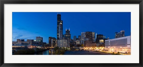 Framed Buildings in a city lit up at dusk, Chicago, Illinois, USA Print