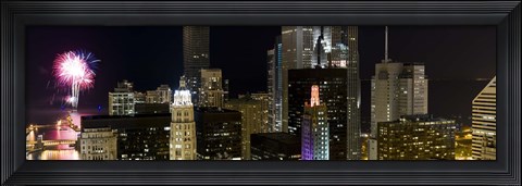 Framed Skyscrapers and firework display in a city at night, Lake Michigan, Chicago, Illinois, USA Print