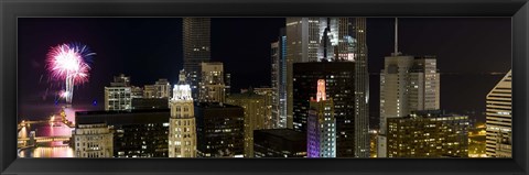 Framed Skyscrapers and firework display in a city at night, Lake Michigan, Chicago, Illinois, USA Print