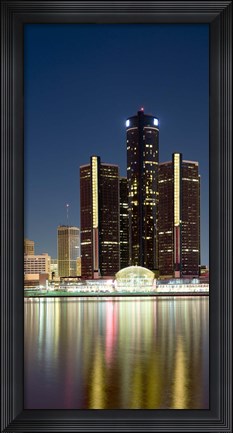 Framed Skyscrapers lit up at dusk, Renaissance Center, Detroit River, Detroit, Michigan, USA Print