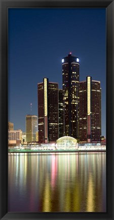 Framed Skyscrapers lit up at dusk, Renaissance Center, Detroit River, Detroit, Michigan, USA Print