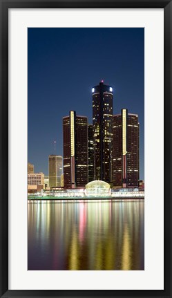 Framed Skyscrapers lit up at dusk, Renaissance Center, Detroit River, Detroit, Michigan, USA Print