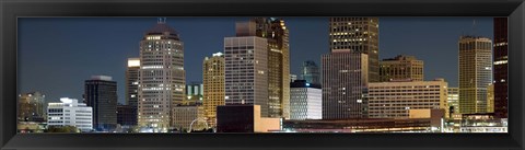 Framed Buildings in a city lit up at night, Detroit River, Detroit, Michigan Print