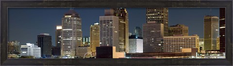 Framed Buildings in a city lit up at night, Detroit River, Detroit, Michigan Print