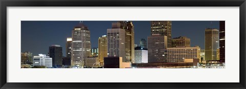 Framed Buildings in a city lit up at night, Detroit River, Detroit, Michigan Print