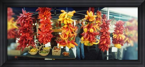 Framed Strands of chili peppers hanging in a market stall, Pike Place Market, Seattle, King County, Washington State, USA Print