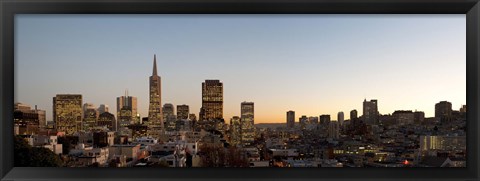 Framed Buildings lit up at dusk, Telegraph Hill, San Francisco, California, USA Print