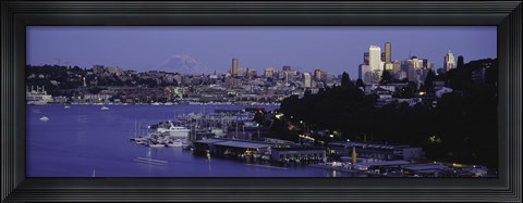 Framed City skyline at the lakeside with Mt Rainier in the background, Lake Union, Seattle, King County, Washington State, USA Print