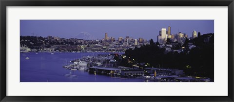 Framed City skyline at the lakeside with Mt Rainier in the background, Lake Union, Seattle, King County, Washington State, USA Print