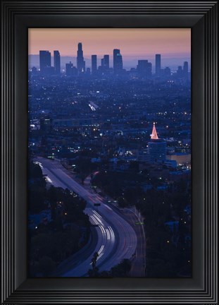Framed High angle view of highway 101 at dawn, Hollywood Freeway, Hollywood, Los Angeles, California, USA Print