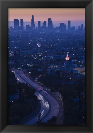 Framed High angle view of highway 101 at dawn, Hollywood Freeway, Hollywood, Los Angeles, California, USA Print